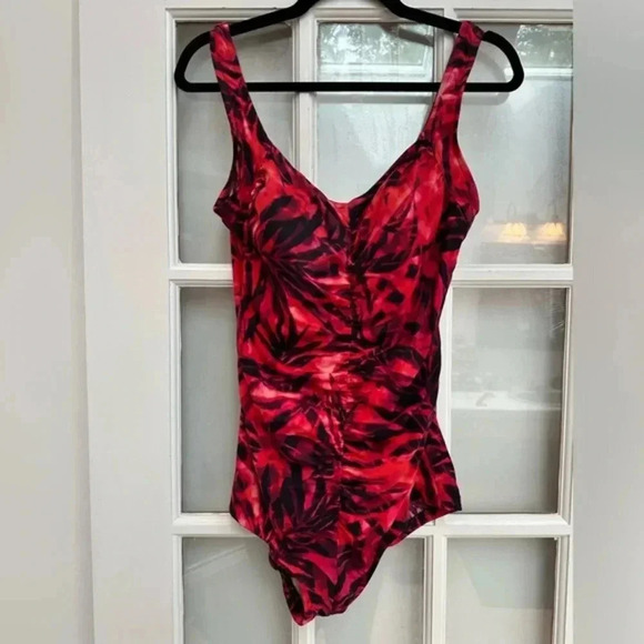 Vintage Maxine of Hollywood Red & Black Tie Dye One Piece Swimsuit Size 14 Large - Picture 1 of 11